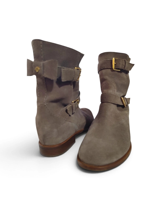 kate spade Shoes - Kate Spade New York "Sabina" Moto Boots Taupe Brown Buckle Straps Bow Size 10